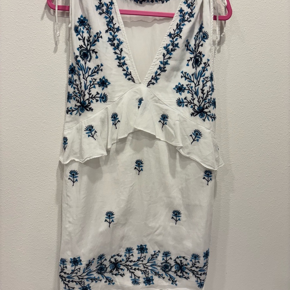 Zara White and Blue Ruffled Tiered Sundress